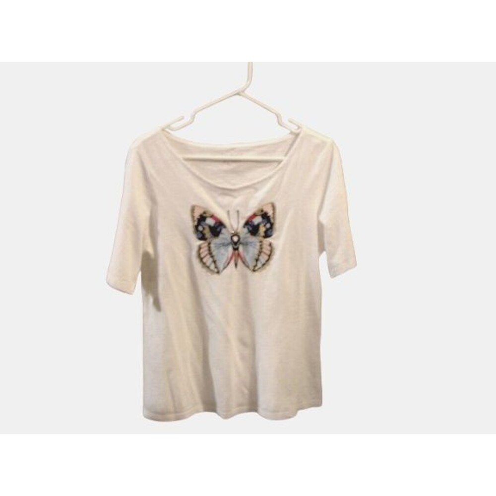 Talbots Pullover Top Womens Size M Short Sleeve Embroidered Appliquéd Butterfly